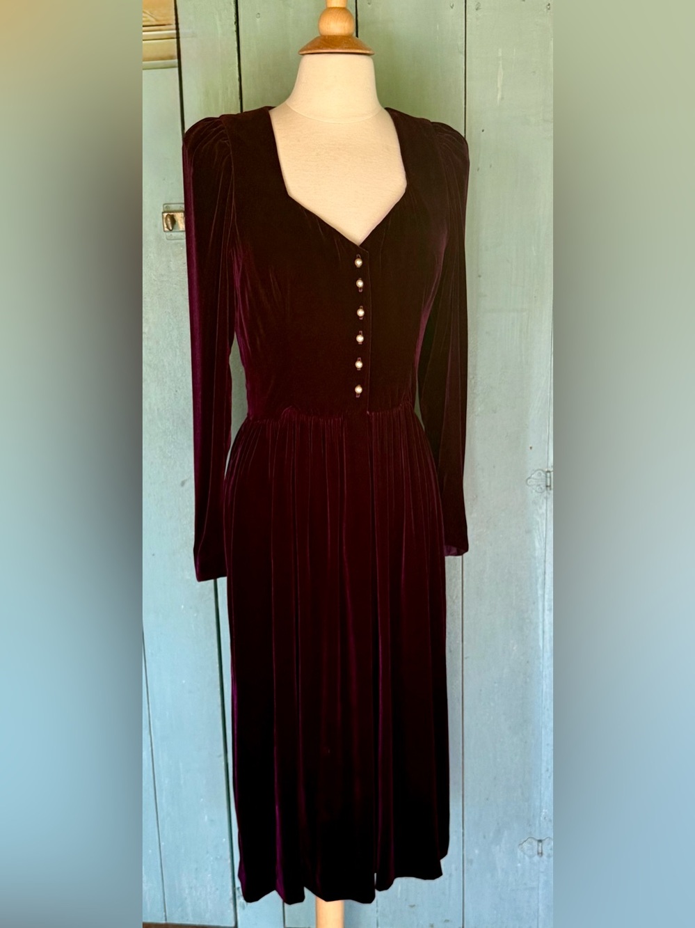 VTG 70's Liz Claiborne Romantic Velvet Midi Royal Purple Dress Pearl Button